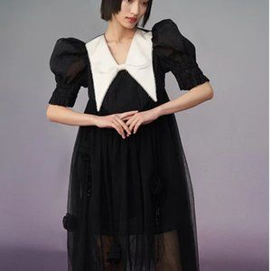 Mukzin Black Fluffy Dress with White Bow Collar